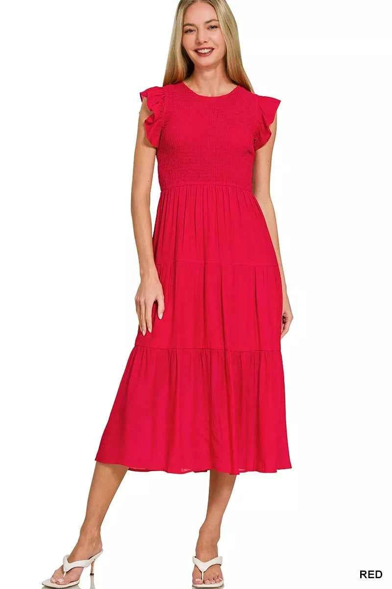 Zenana Woven Smocked Ruffle Sleeve Midi Dress