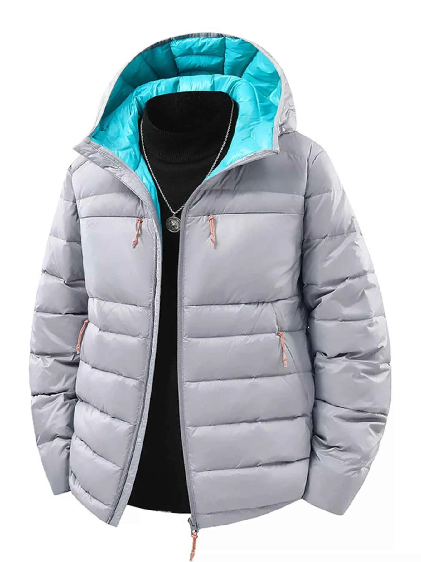 Men's Plus Size Zip Up Hooded Contrast Puffer Jacket