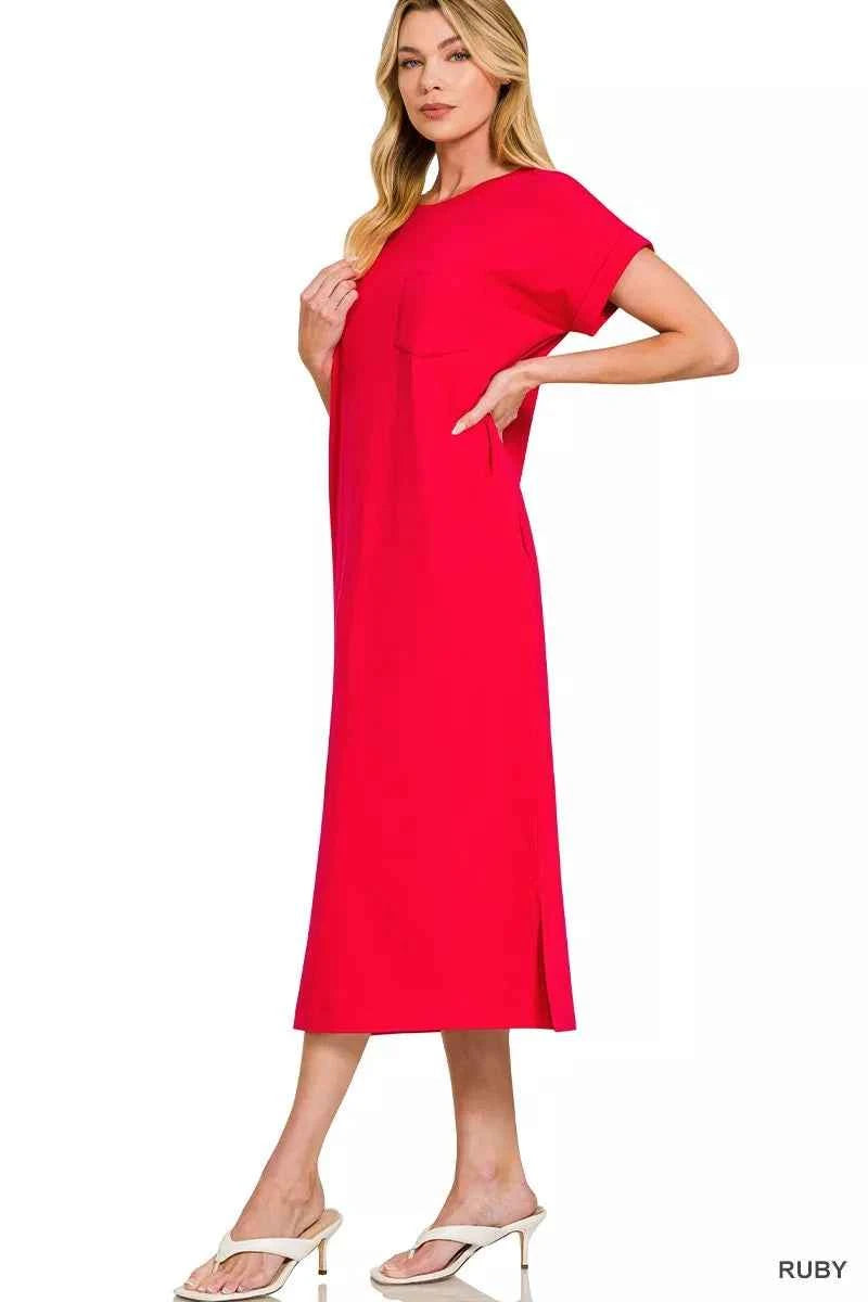 Zenana Round Neck Short Sleeve Midi Dress