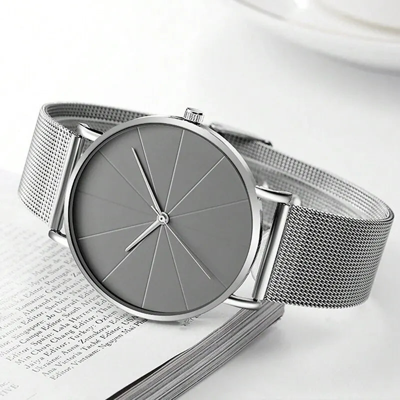 Reloj de Pulsera de Cuarzo para Hombre | Reloj de Negocios con Brazalete de Malla Plateada