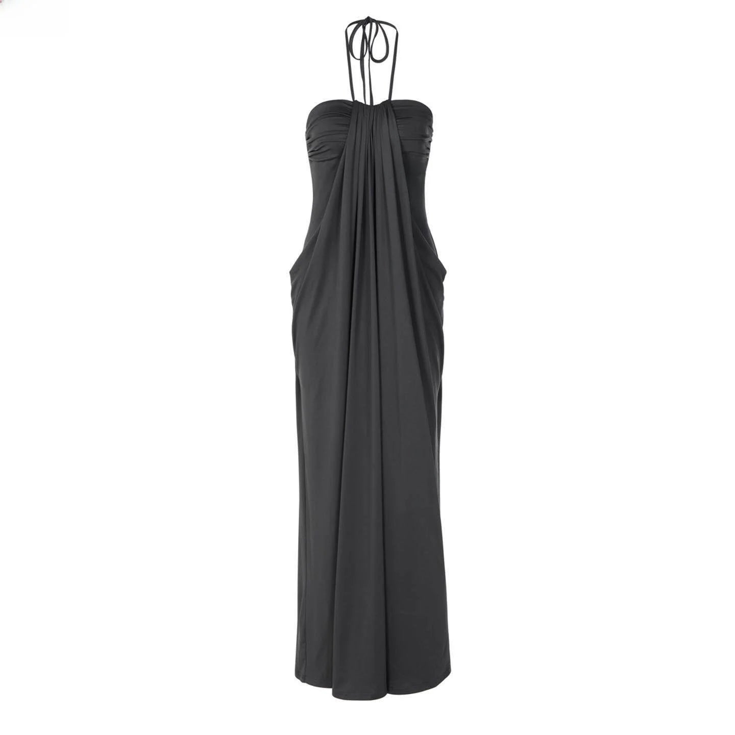Azure Sunset Maxi Dress | Backless Halter Draped Summer Vacation Dress for Women
