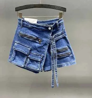 High-Waist Asymmetrical Denim Skort (Women’s Y2K Cargo Shorts Skirt)