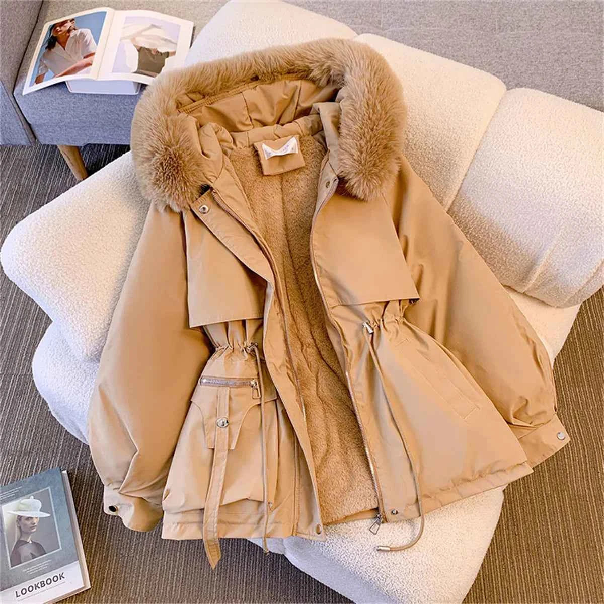 Women’s Korean Hooded Drawstring Padded Jacket – Casual Zip-Up Parka