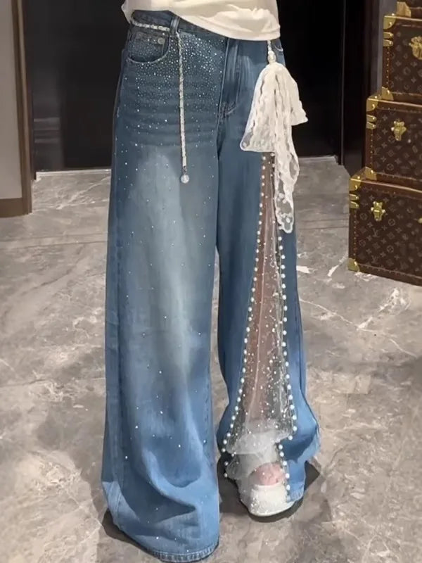 Pantalones vaqueros holgados Y2K con retazos de malla