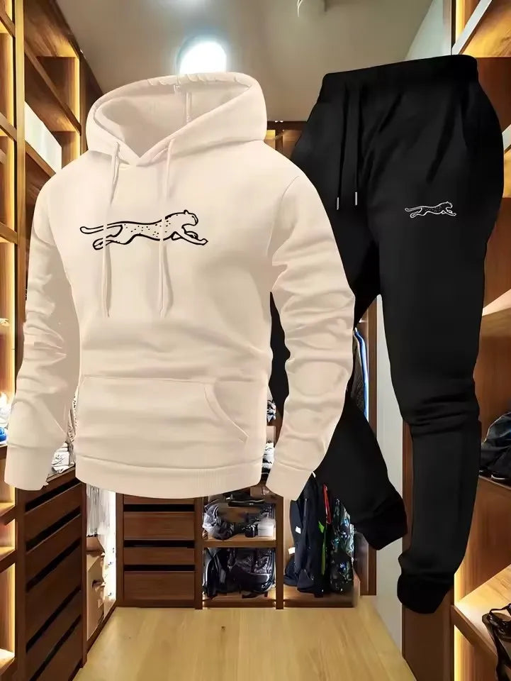 Conjunto de sudadera con capucha y pantalones deportivos para hombre – Ropa urbana informal de manga larga con estampado geométrico