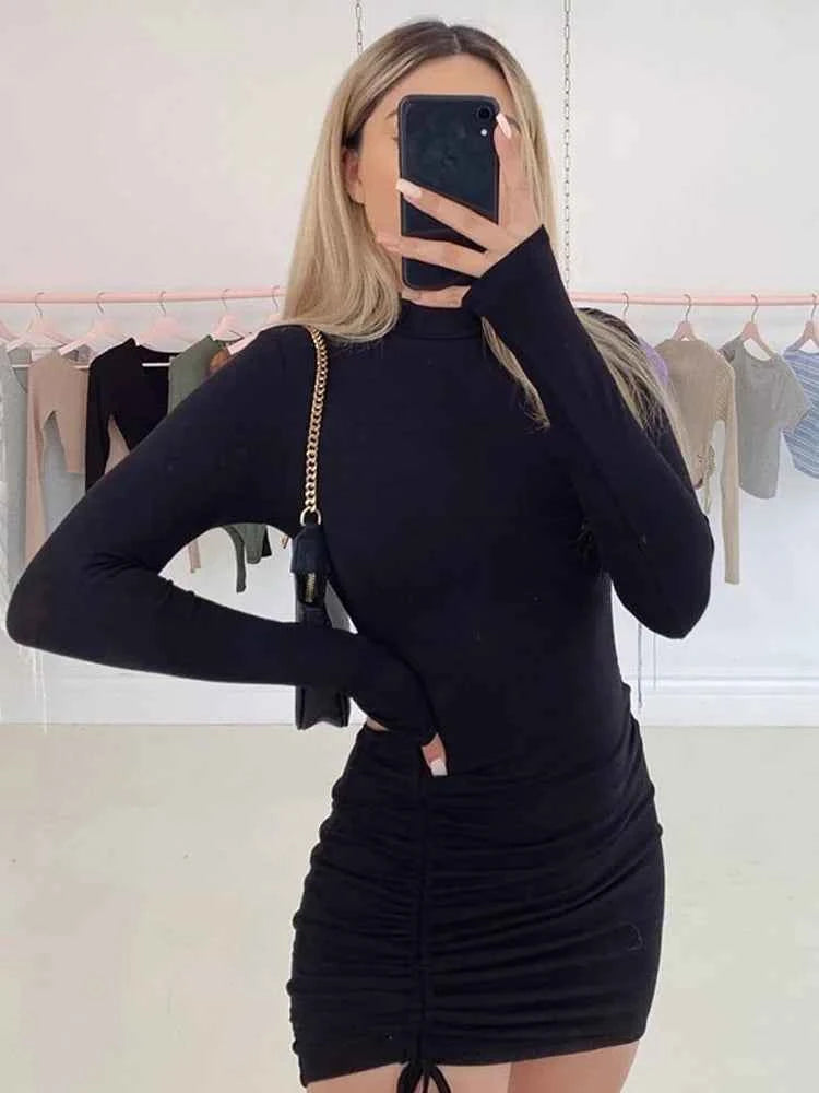 Long Sleeve Ruched Bodycon Mini Dress – Turtleneck Clubwear