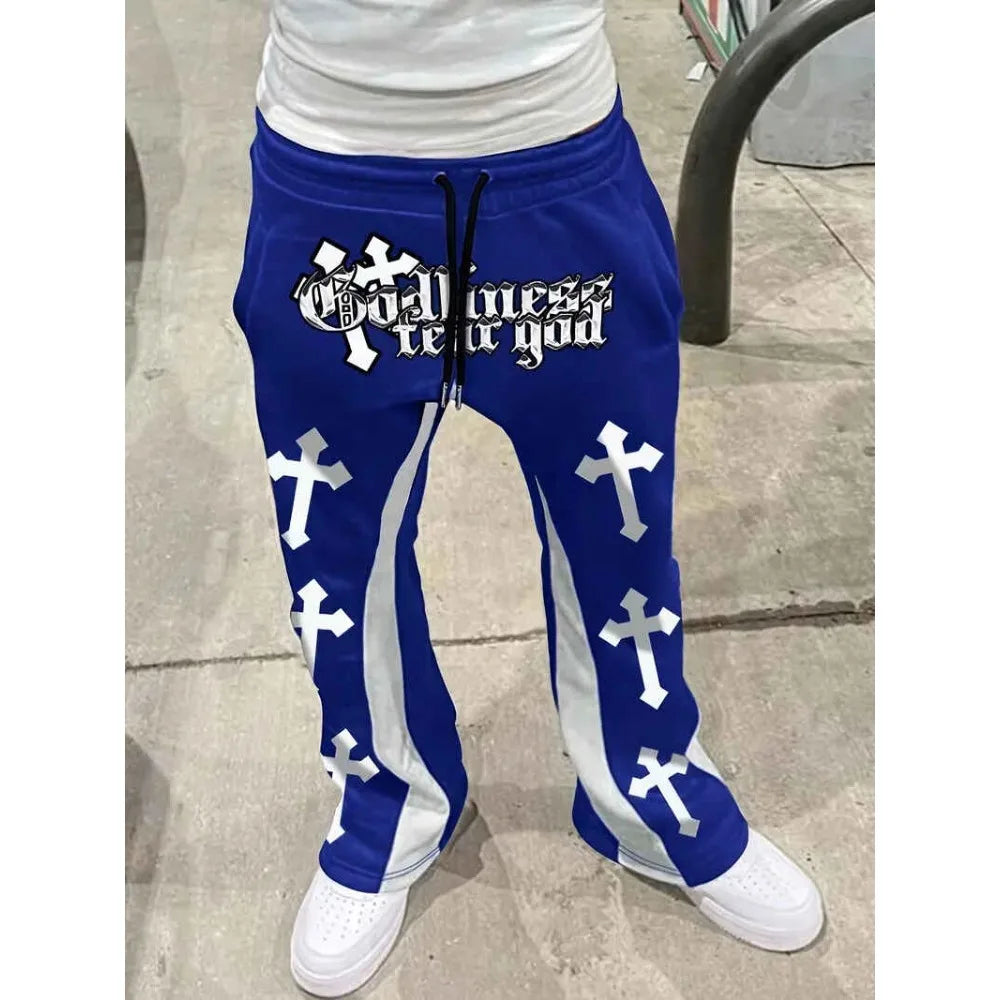 Men's Cross Print Color Block Flare Sweatpants