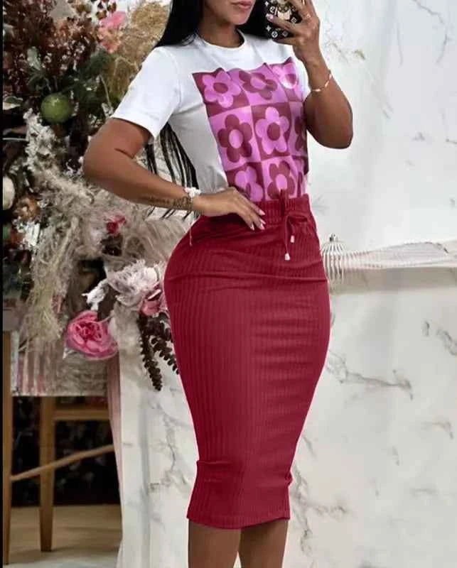 Printed Top & Midi Skirt Set (Women’s Casual Elegant 2-Piece Outfit)
