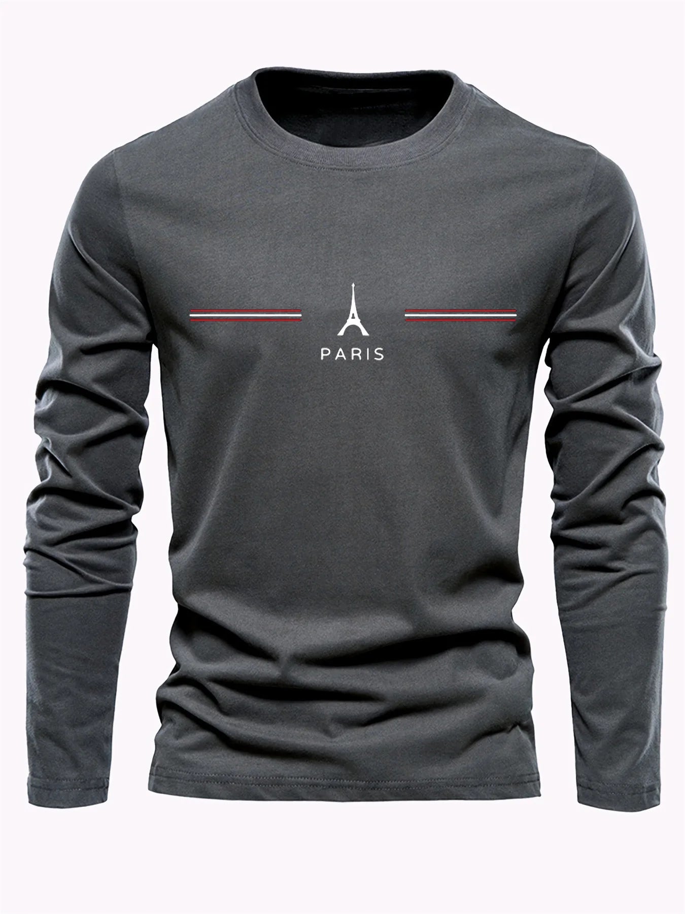 Camiseta de manga larga estampada con letras de París para hombre - 100% algodón, informal y cómoda