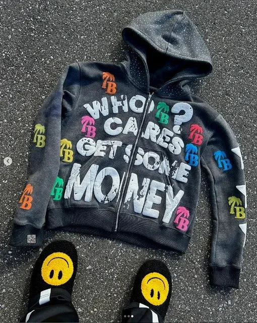 Sudadera con capucha y cremallera con diseño de letras | Chaqueta casual oversize retro unisex