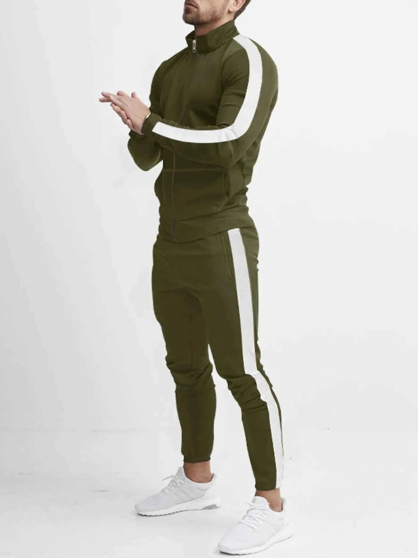 Men's Zip-Up Top and Pants Set with Side Stripes - Plus Size Full Size Activewear