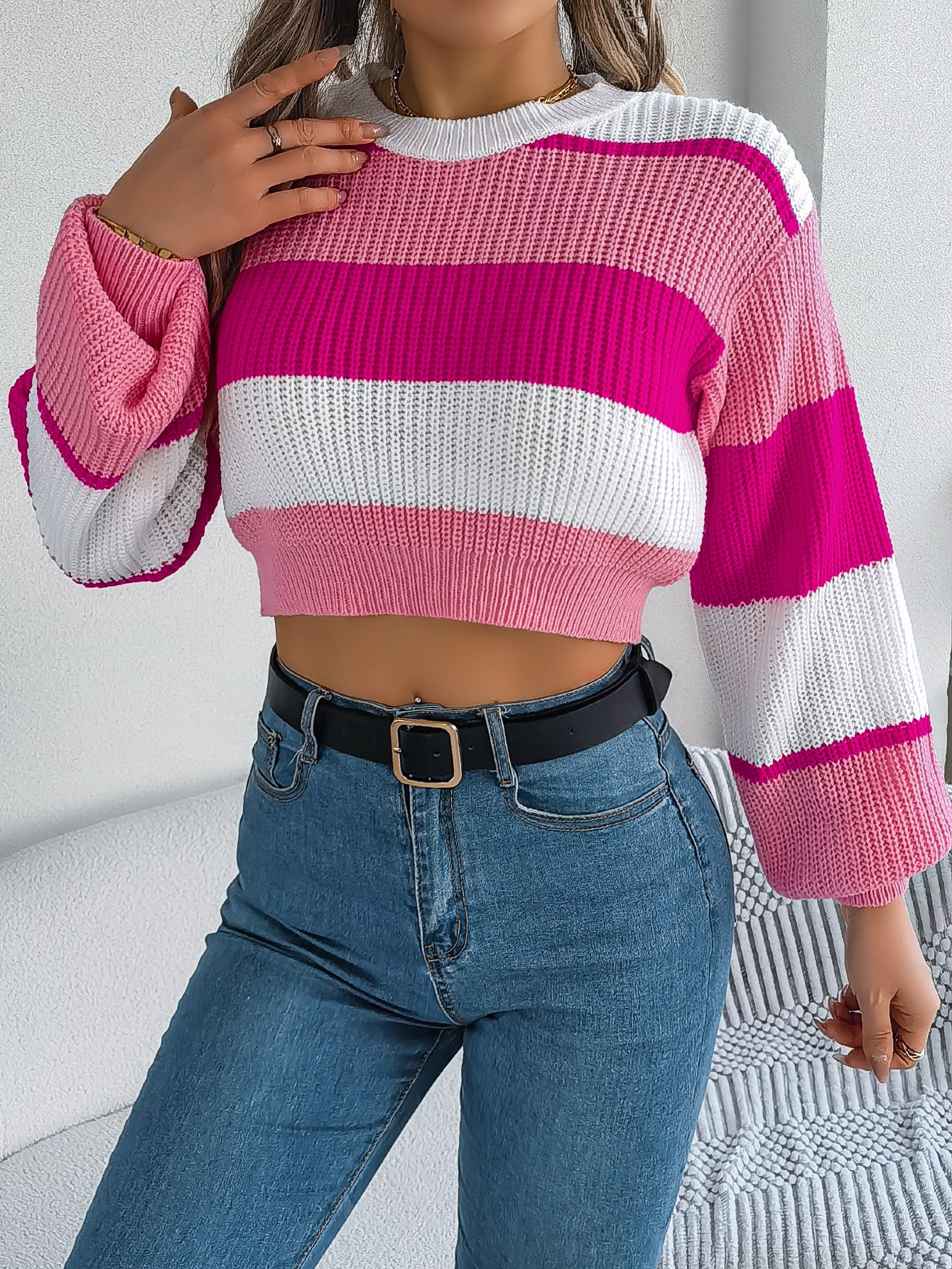 Suéter tipo jersey corto de manga farol con bloques de color informal para mujer