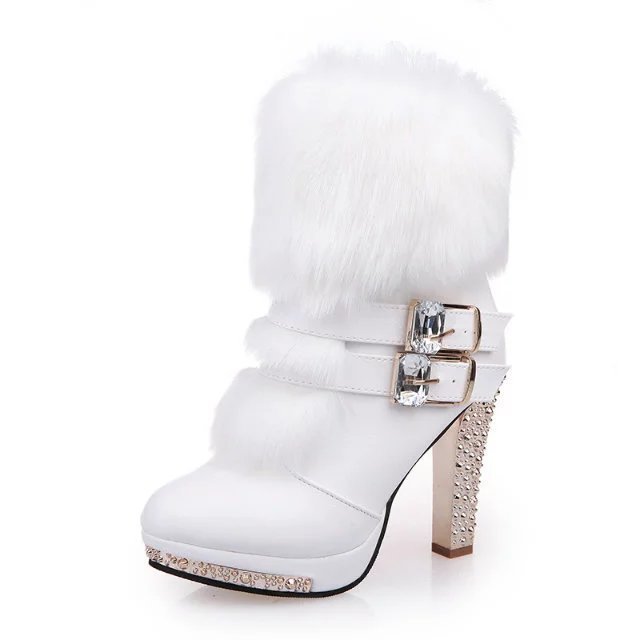 Botines de tacón grueso y alto de media pantorrilla con cuero y pelo integrados y pedrería para mujer