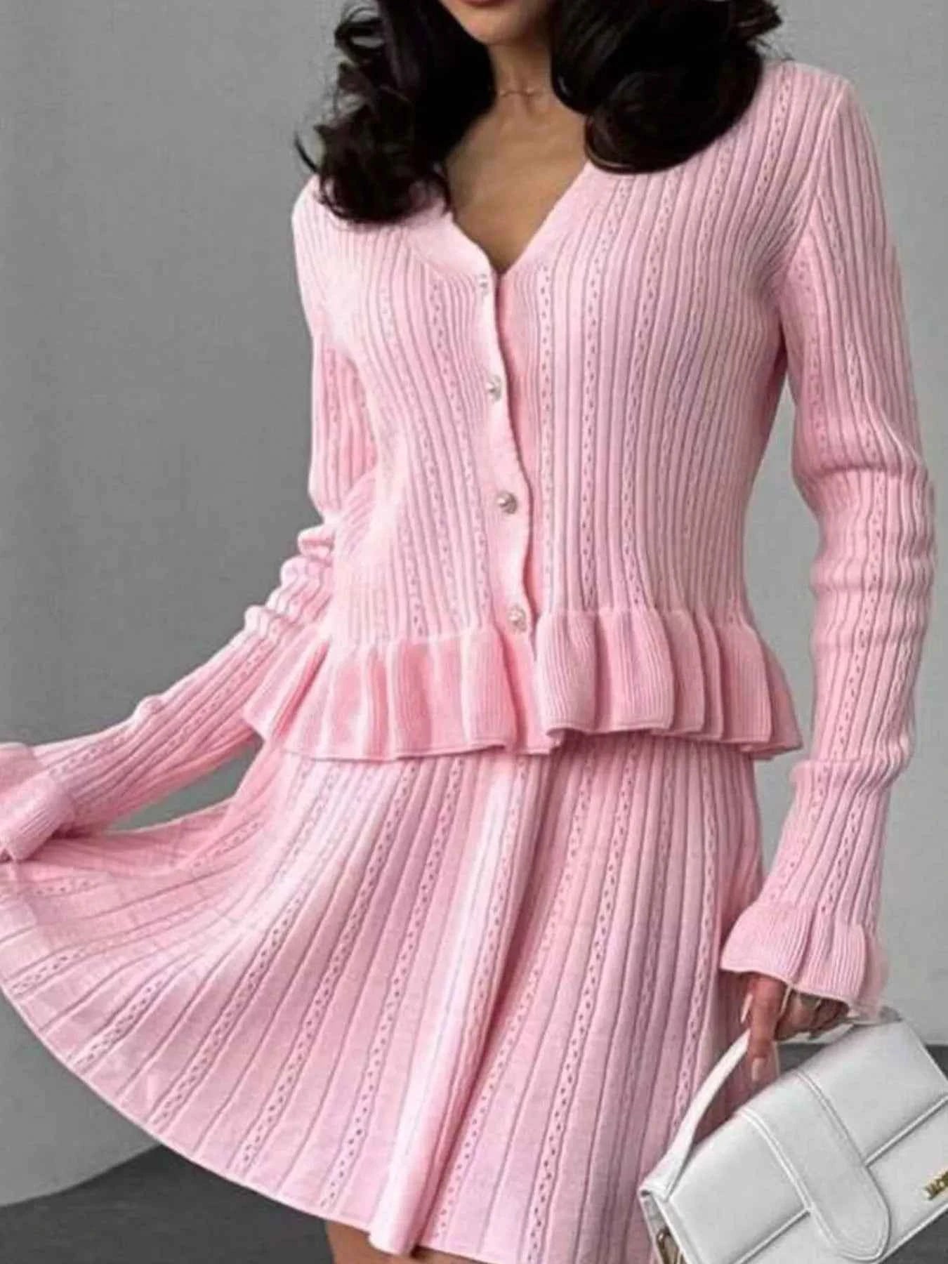 Ruffle Trim Knit Cardigan & Skirt Set