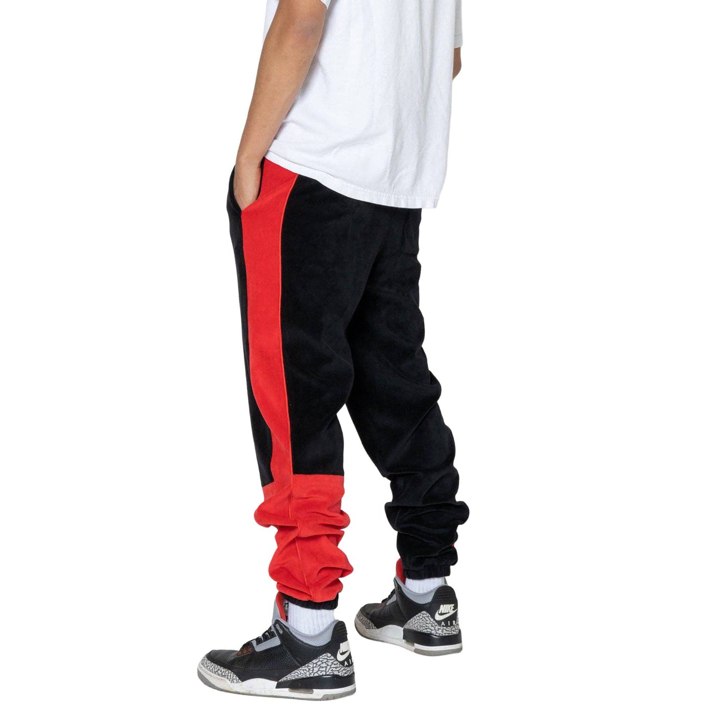 Robin K -Men’s Velour Team Pants – Black & Red