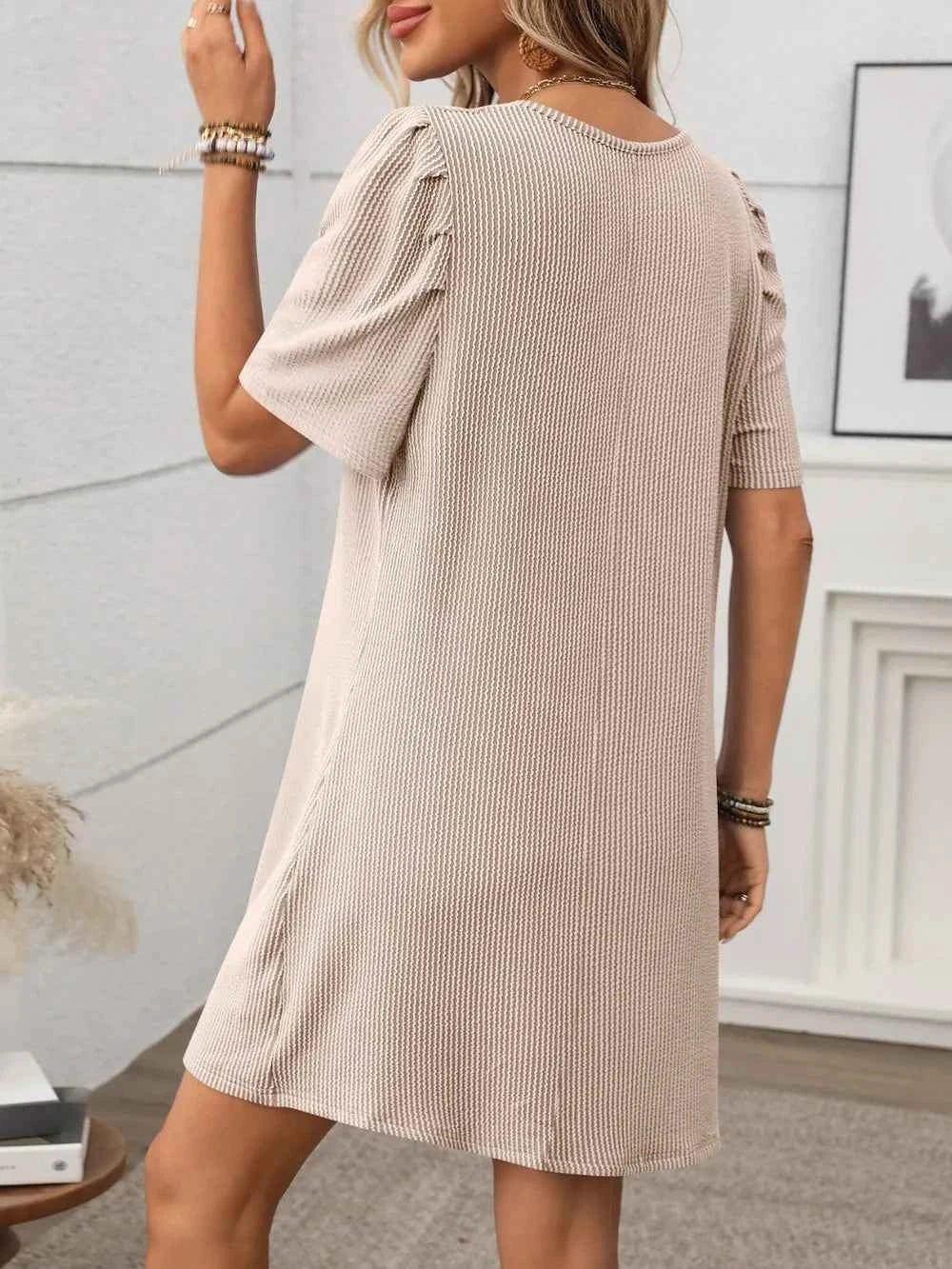 Textured Mini Dress - Round Neck Short Sleeve Design