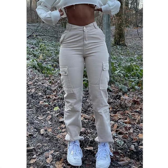 Pantalones de mujer de alta calidad, estilo europeo y americano, de cintura alta, multipocket, tipo cargo, elásticos, modernos, de tendencia urbana.