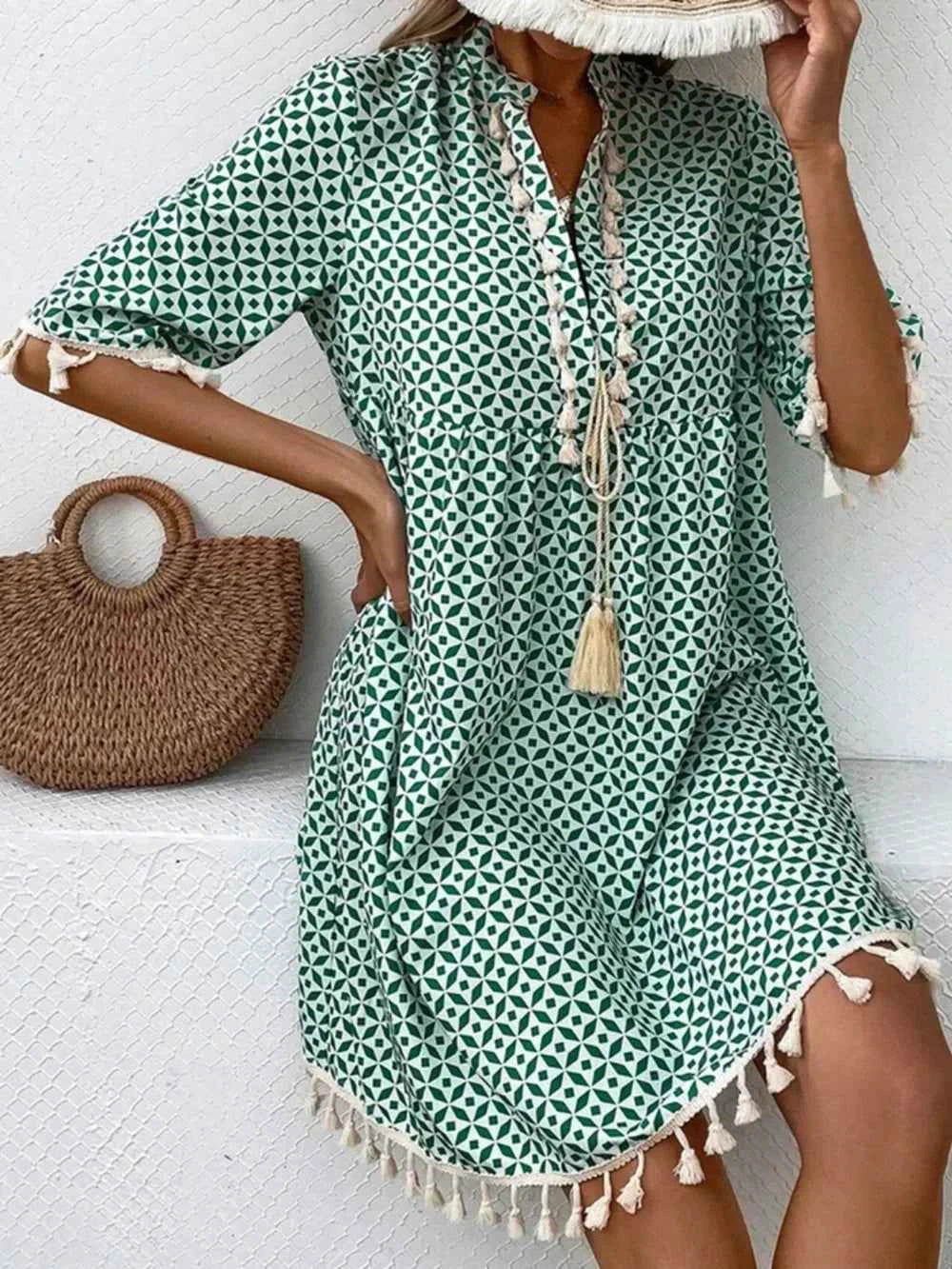 Tassel Printed Mini Dress with Notched Half Sleeves