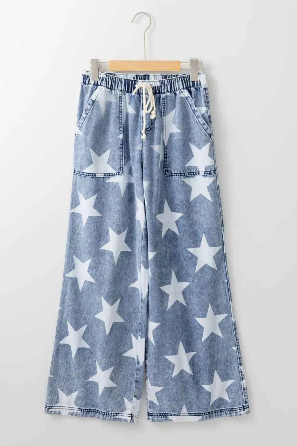 Star Print Wide Leg Jeans with Washed Finish and Drawstring High Waist - Trendy and Comfortable Style