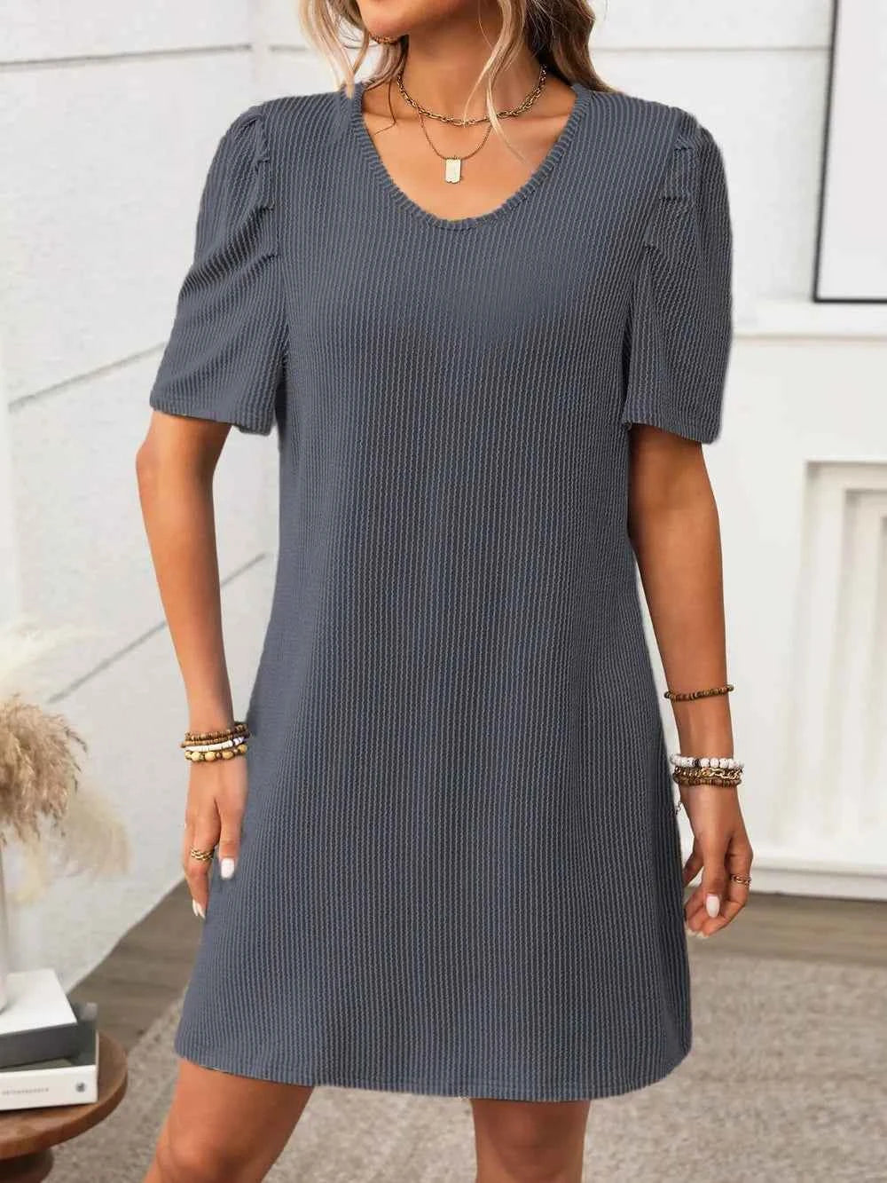 Textured Mini Dress - Round Neck Short Sleeve Design