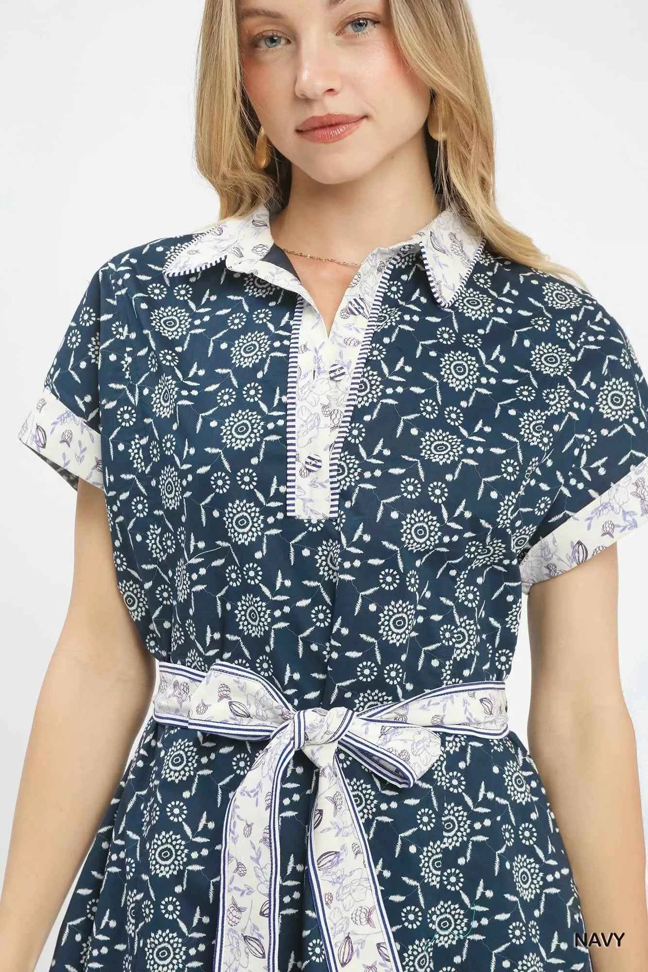 Umgee Border Print Belted Shirt Dress