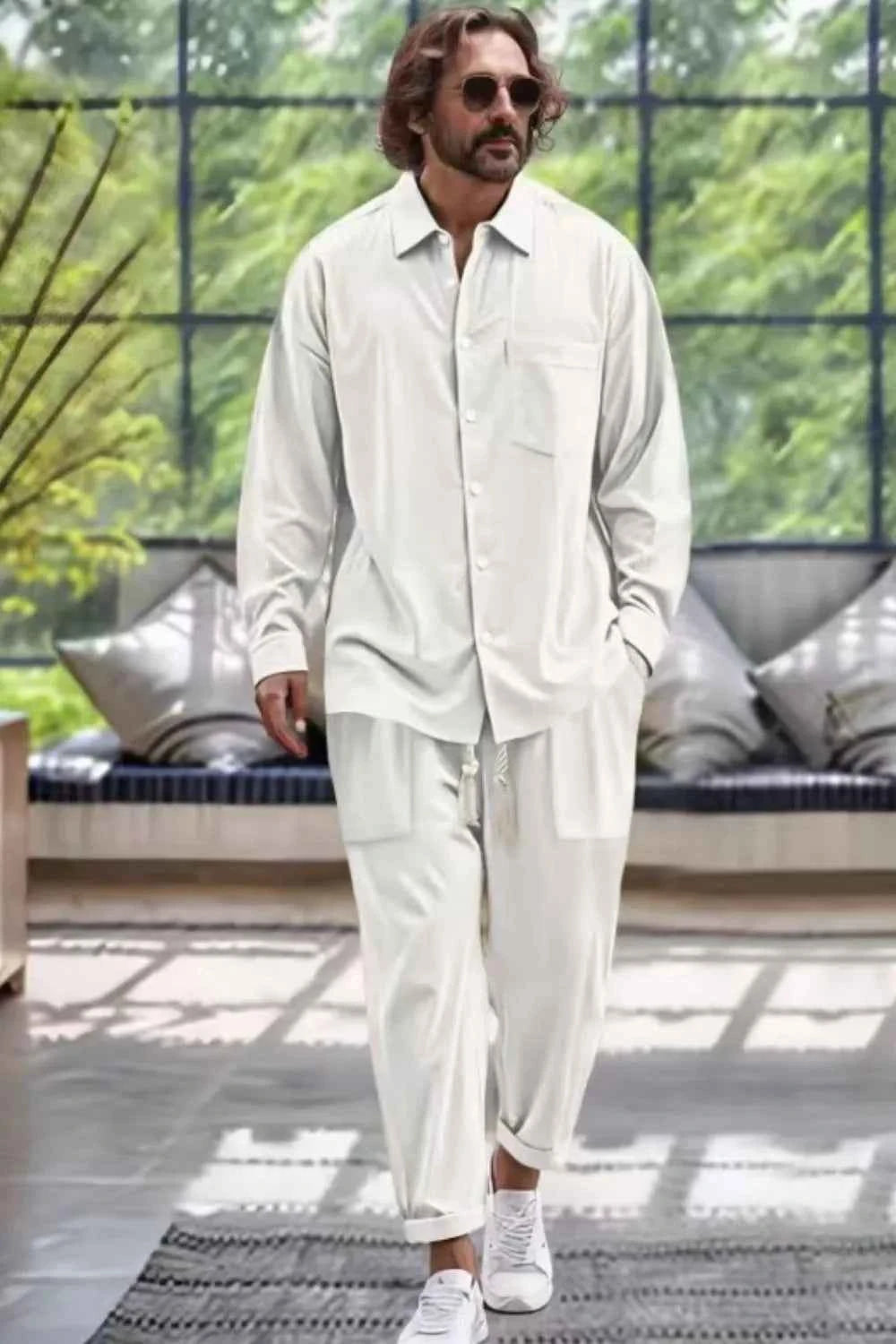 Men's Plus Size Loungewear Set - Long Sleeve Top and Pants with Collared Neck