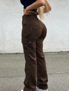 Pantalones de mujer de alta calidad, estilo europeo y americano, de cintura alta, multipocket, tipo cargo, elásticos, modernos, de tendencia urbana.