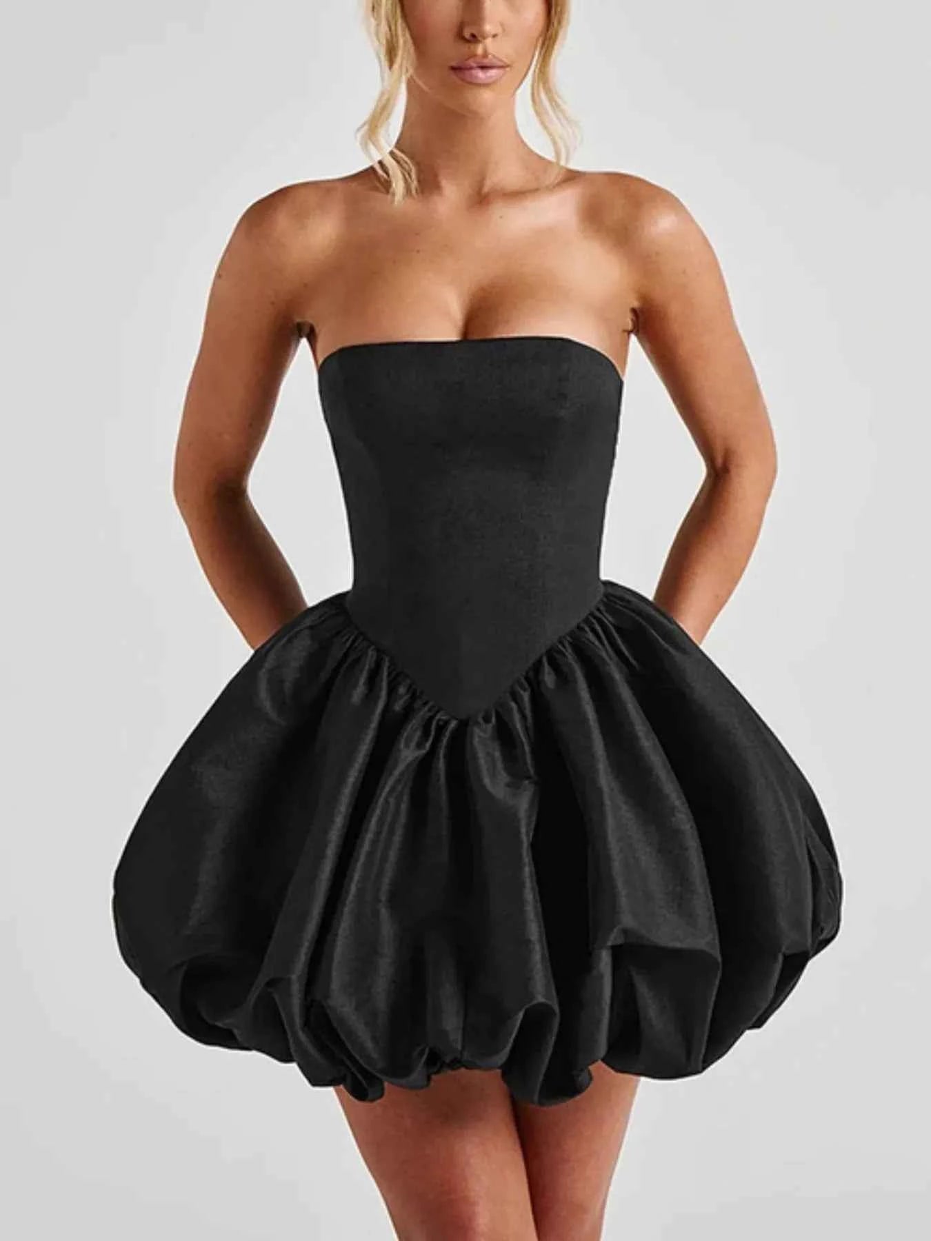 Elegant Strapless Bowknot Bubble Hem Mini Dress