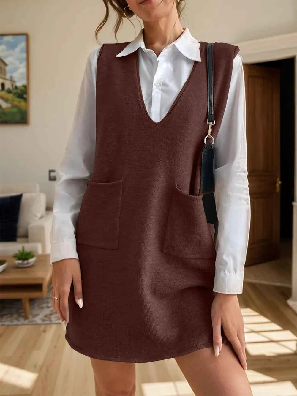 V-Neck Sleeveless Sweater Dress with Pockets for Effortless Style
