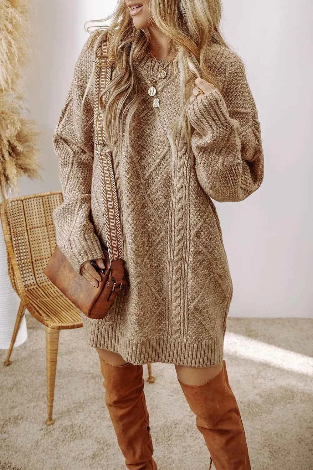Cable-Knit Sweater Dress with Round Neck