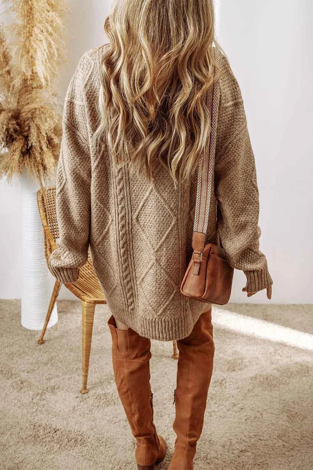 Cable-Knit Sweater Dress with Round Neck