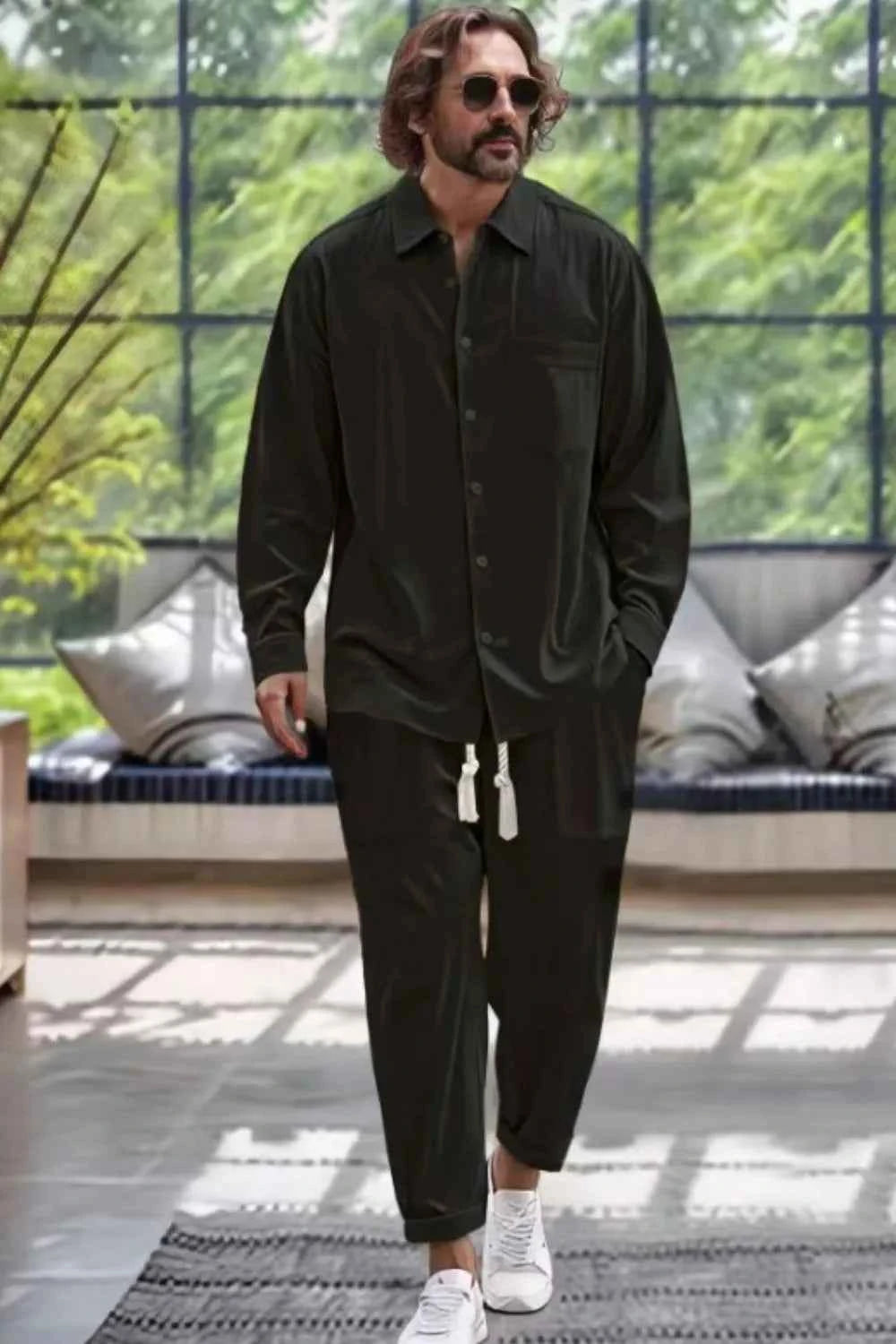 Men's Plus Size Loungewear Set - Long Sleeve Top and Pants with Collared Neck