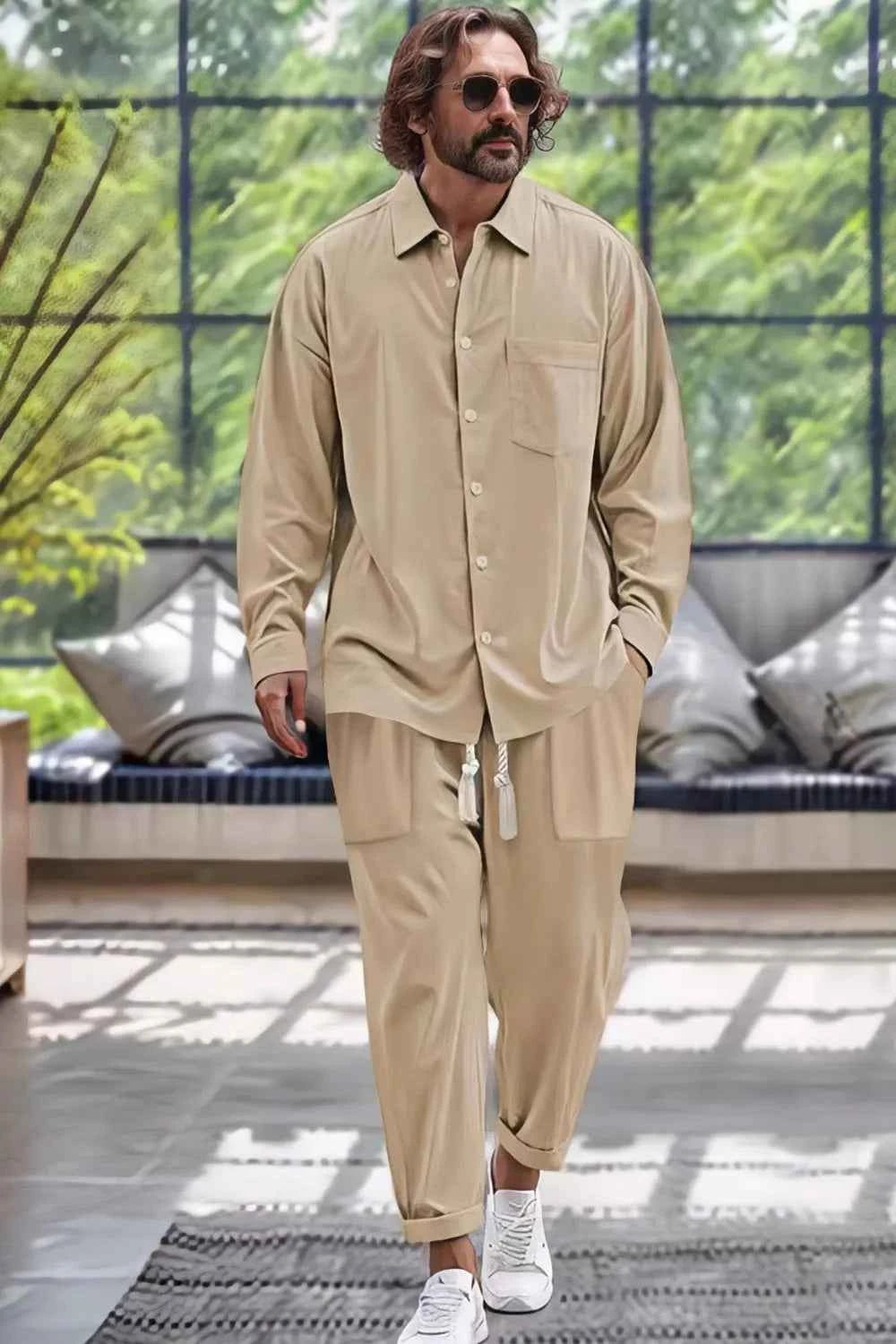 Men's Plus Size Loungewear Set - Long Sleeve Top and Pants with Collared Neck
