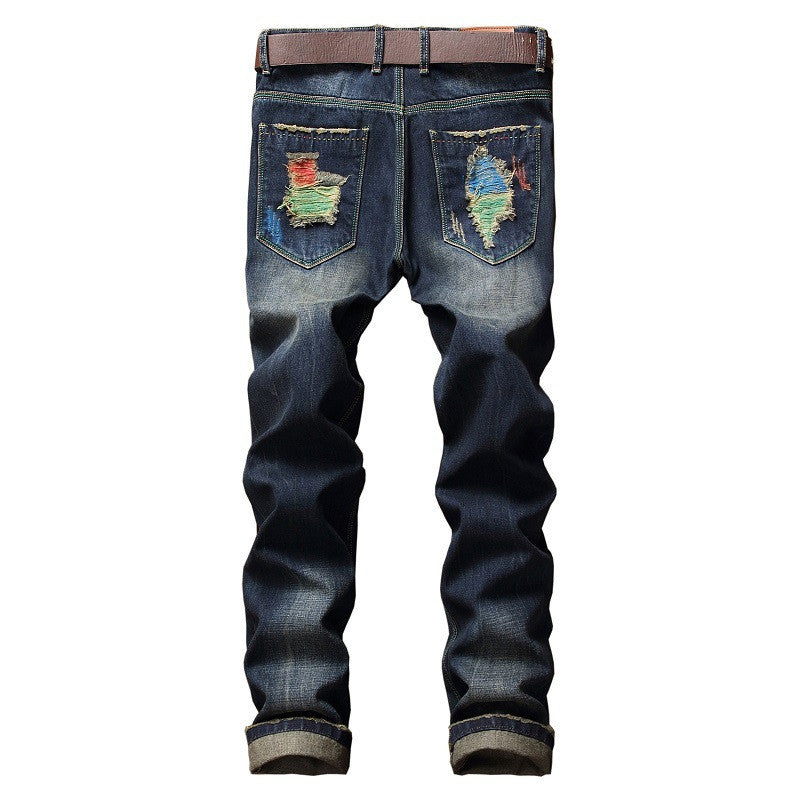 Vaqueros personalizados con efecto cepillado para hombre, estilo rasgado de pierna recta