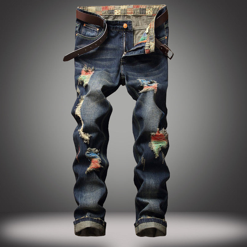 Vaqueros personalizados con efecto cepillado para hombre, estilo rasgado de pierna recta