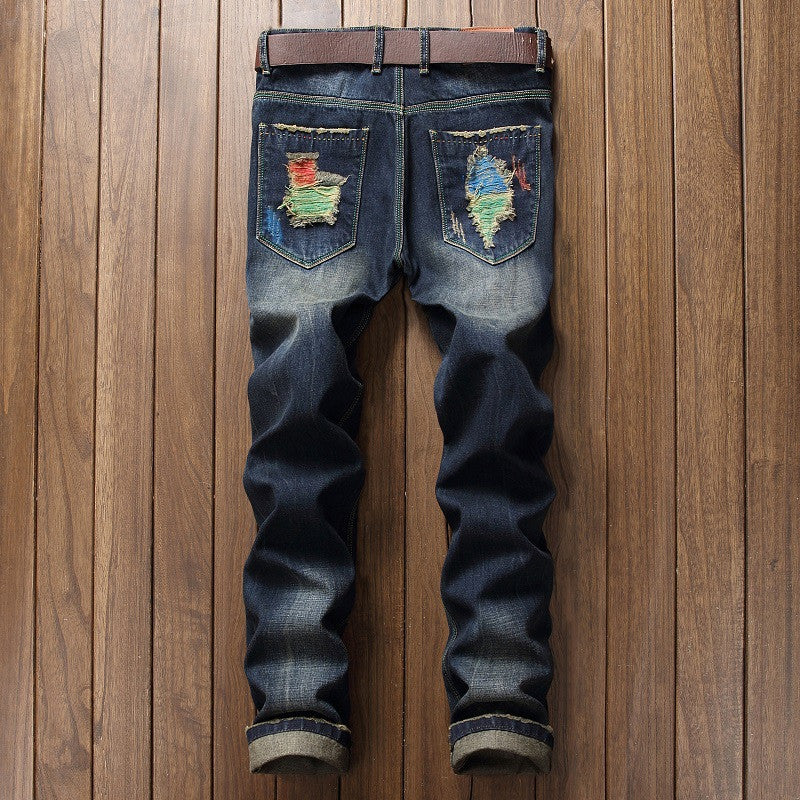 Vaqueros personalizados con efecto cepillado para hombre, estilo rasgado de pierna recta