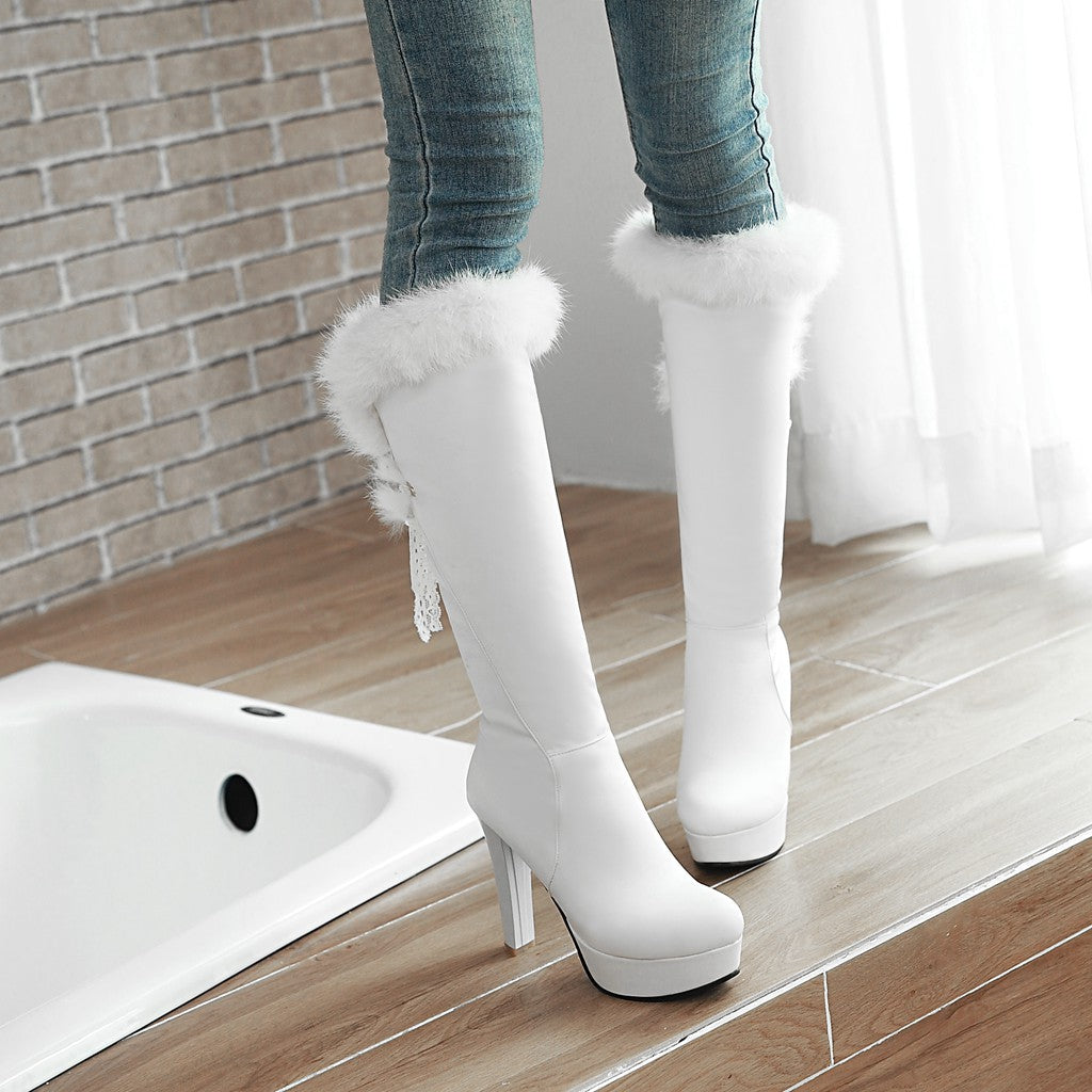 Fashion Fur Collar Boots Women's Thick Heel Round Toe High Boots