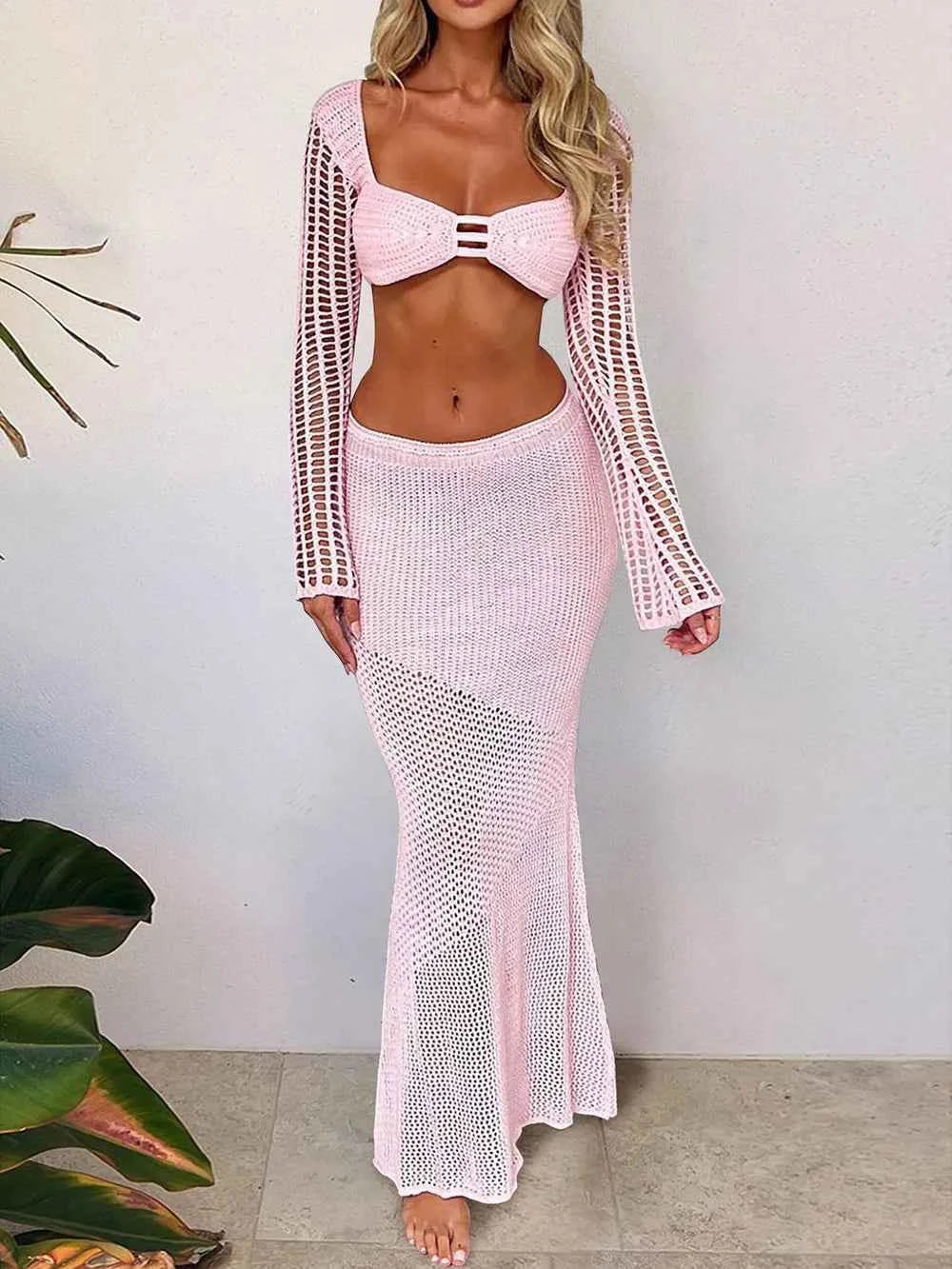 Tied Long Sleeve Cover Up Set with Skirt