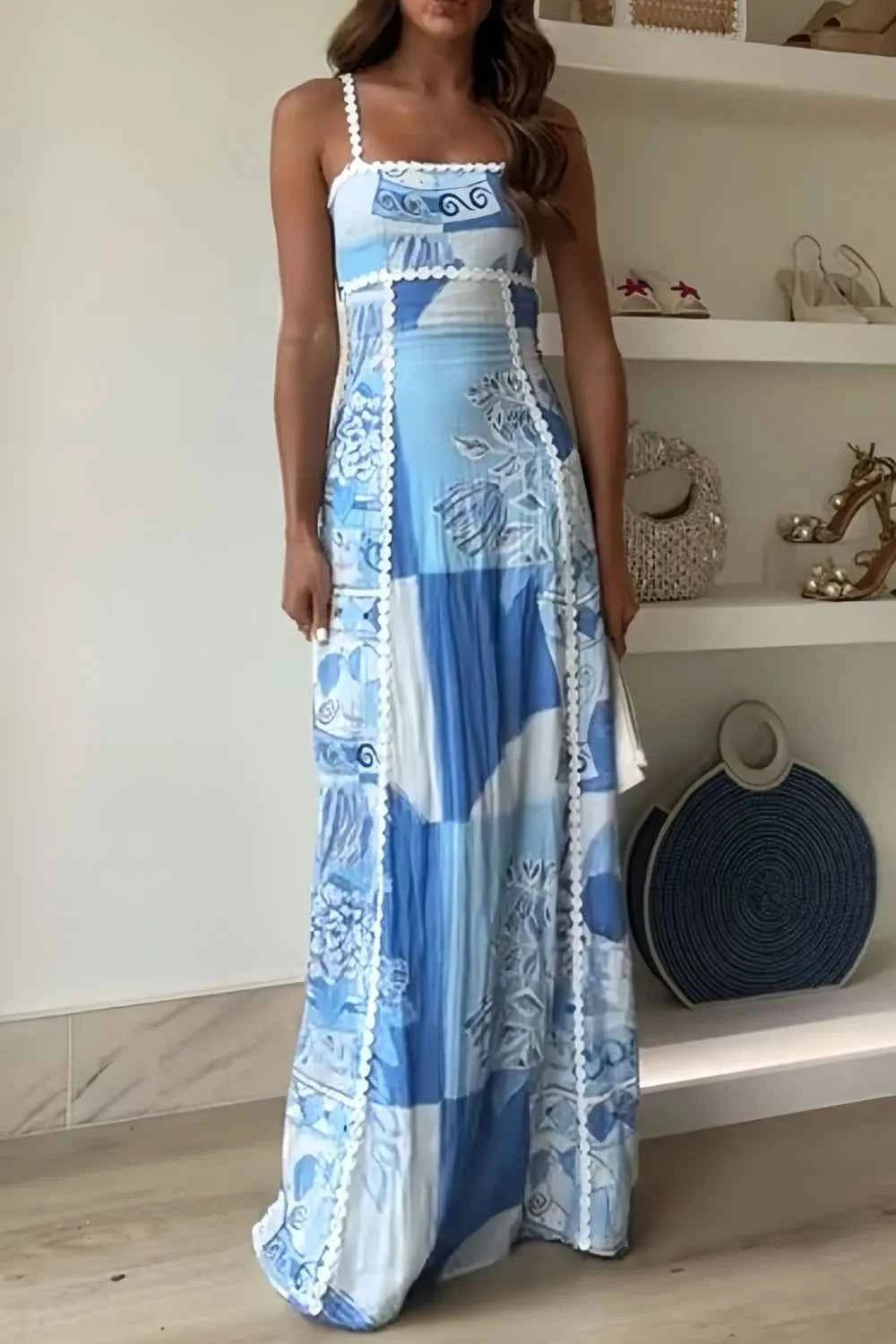 Cutout Back Maxi Dress with Printed Design and Square Neck