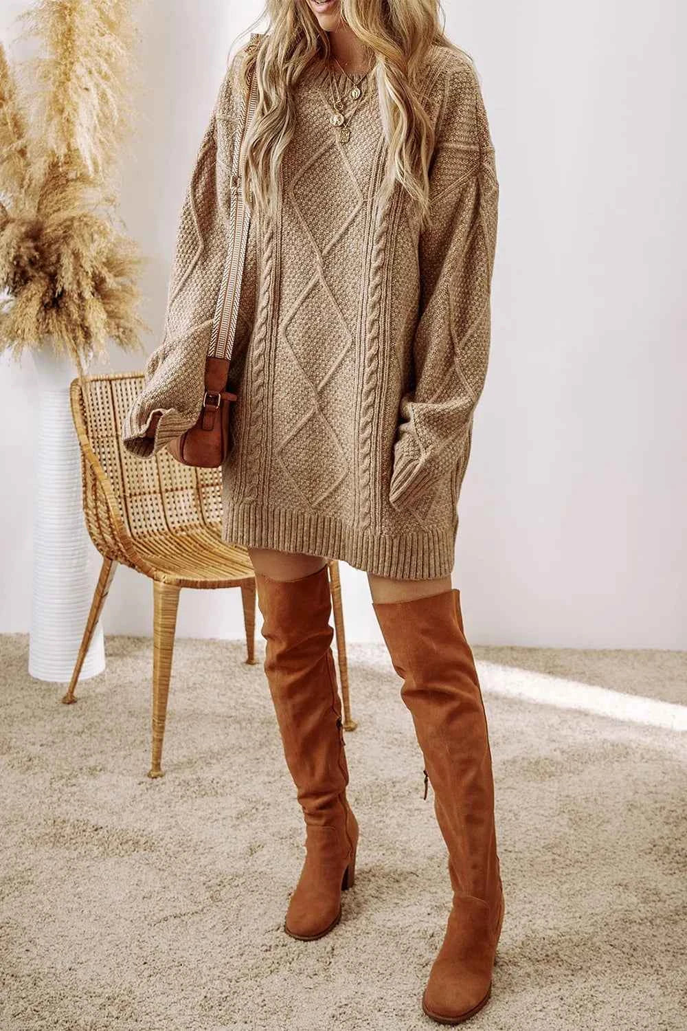 Cable-Knit Sweater Dress with Round Neck