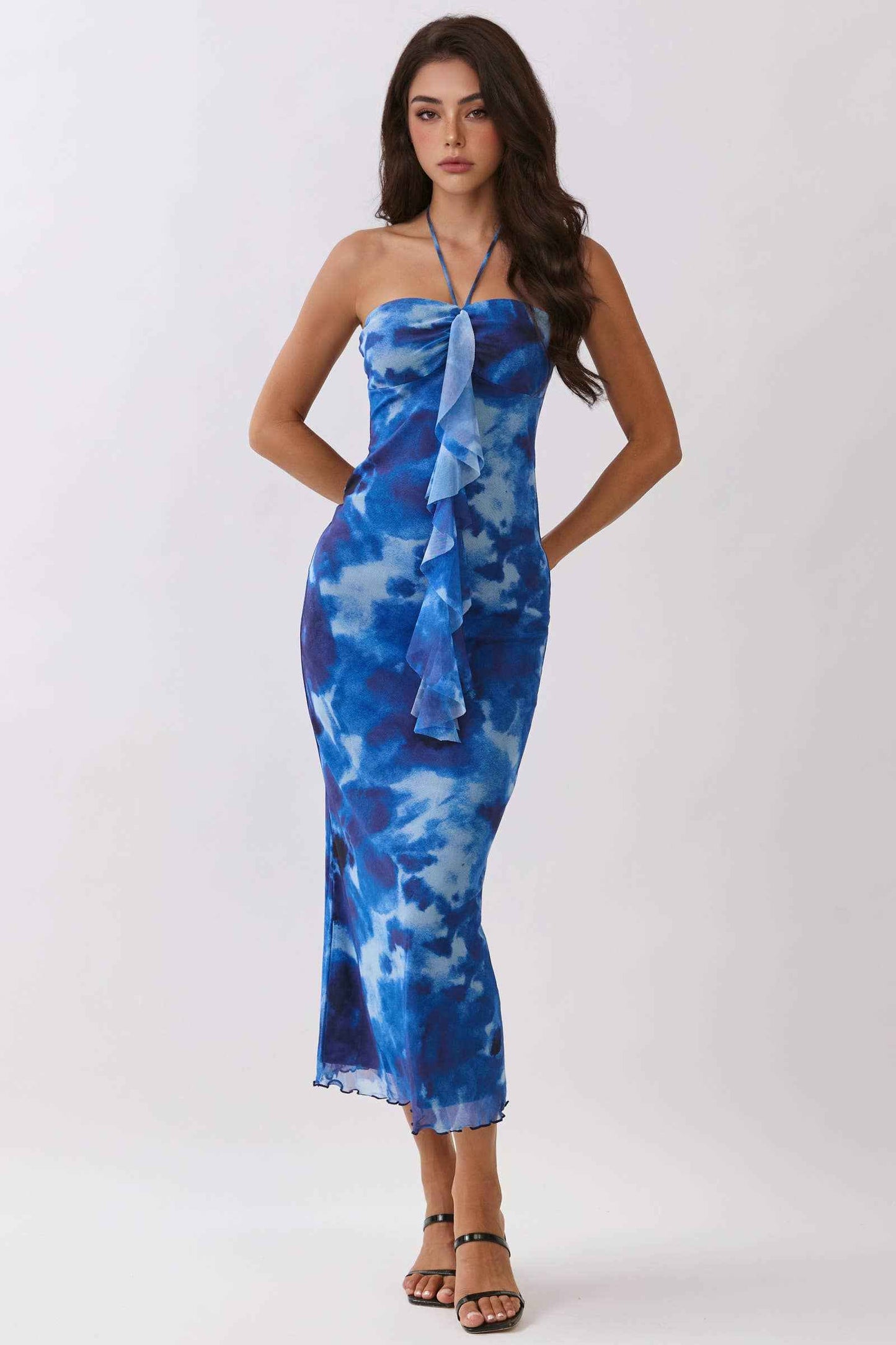 Heart & Hips 💙 Navy Watercolor Halter Tie Mermaid Maxi Dress
