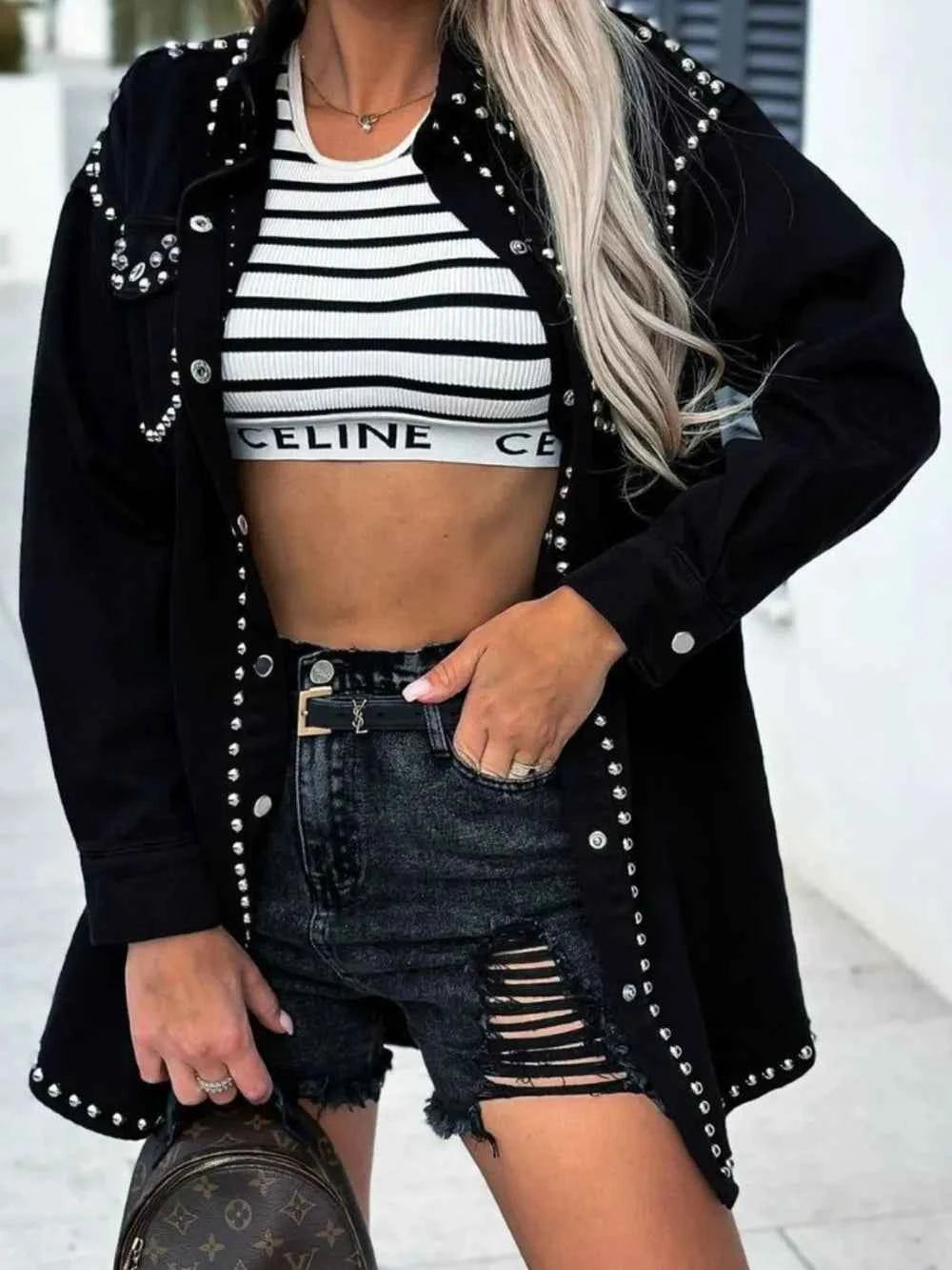 Studded Denim Shacket - Snap Down Long Sleeve Style