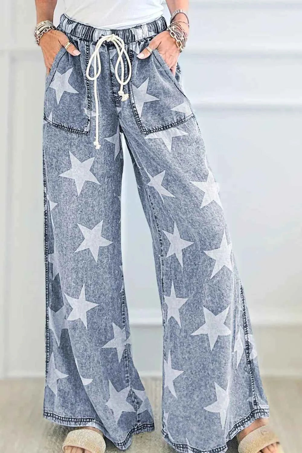 Star Print Wide Leg Jeans with Washed Finish and Drawstring High Waist - Trendy and Comfortable Style