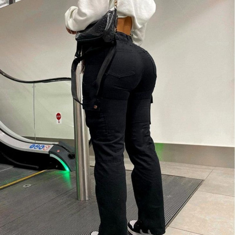 Pantalones de mujer de alta calidad, estilo europeo y americano, de cintura alta, multipocket, tipo cargo, elásticos, modernos, de tendencia urbana.
