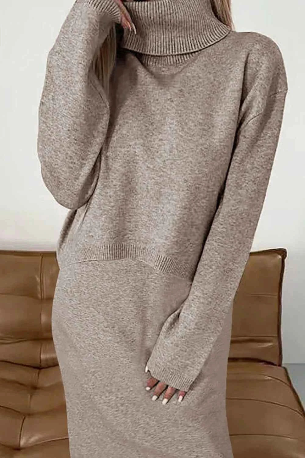 Turtleneck Dropped Shoulder Sweater and Dress Sweater Set