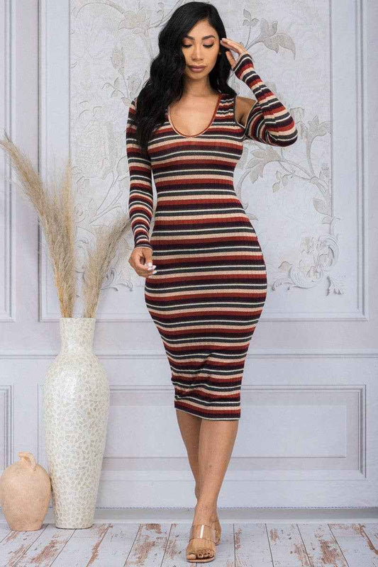Burgundy Multicolor Striped Cold Shoulder Dress