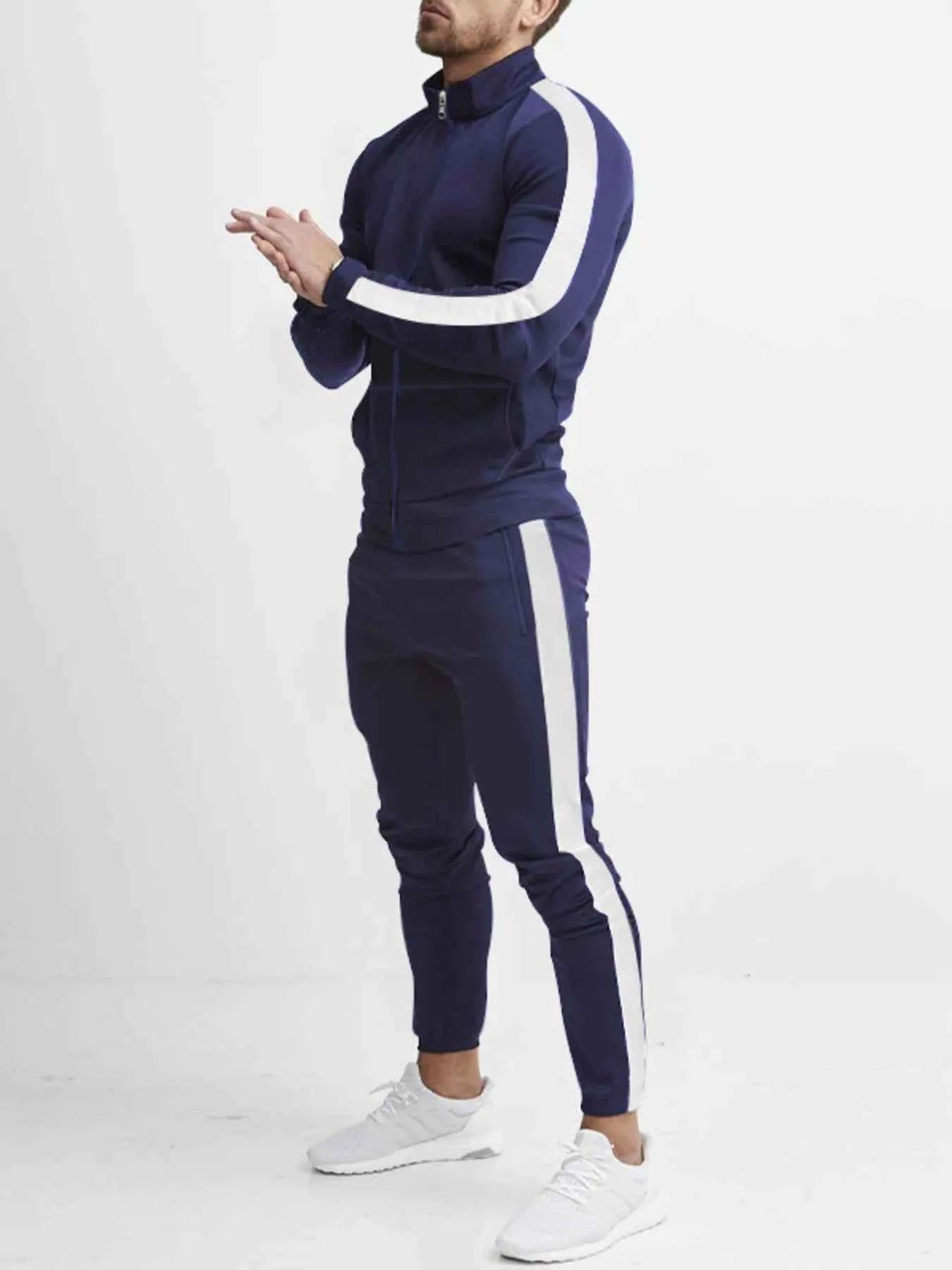 Men's Zip-Up Top and Pants Set with Side Stripes - Plus Size Full Size Activewear