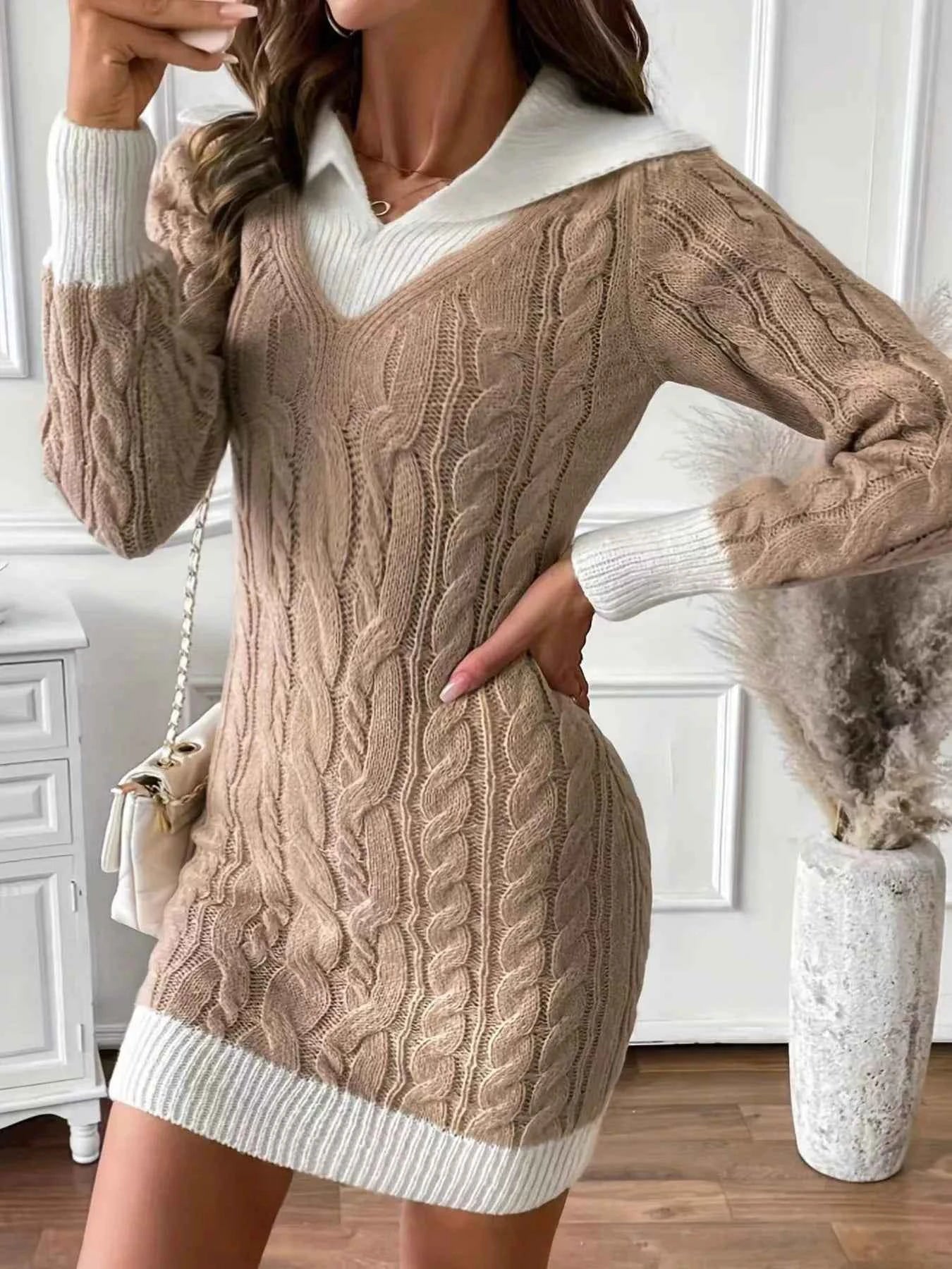 Cable Knit Contrast Trim Sweater Dress