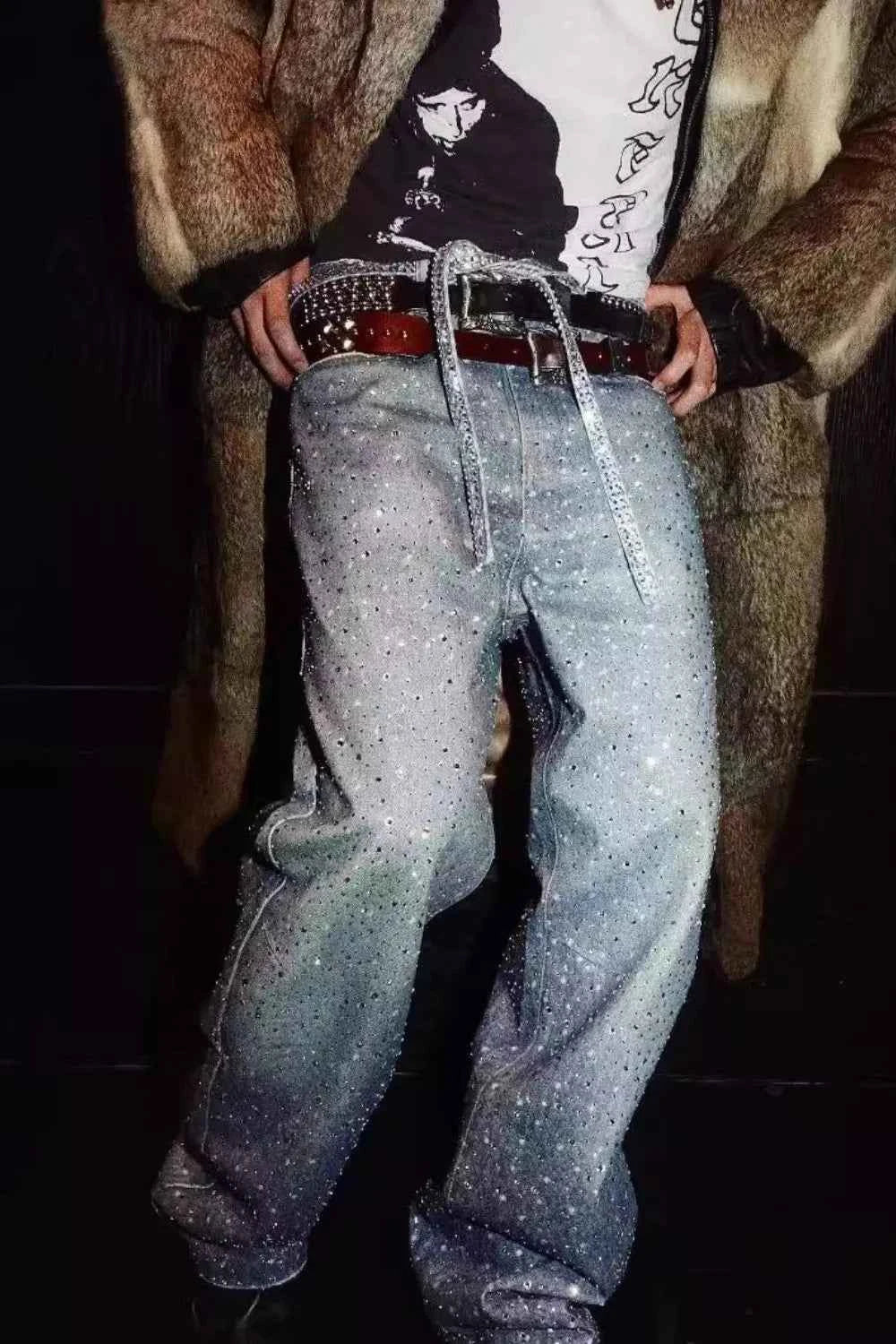Men's Washed Rhinestone Jeans with Rhinestone Belt
