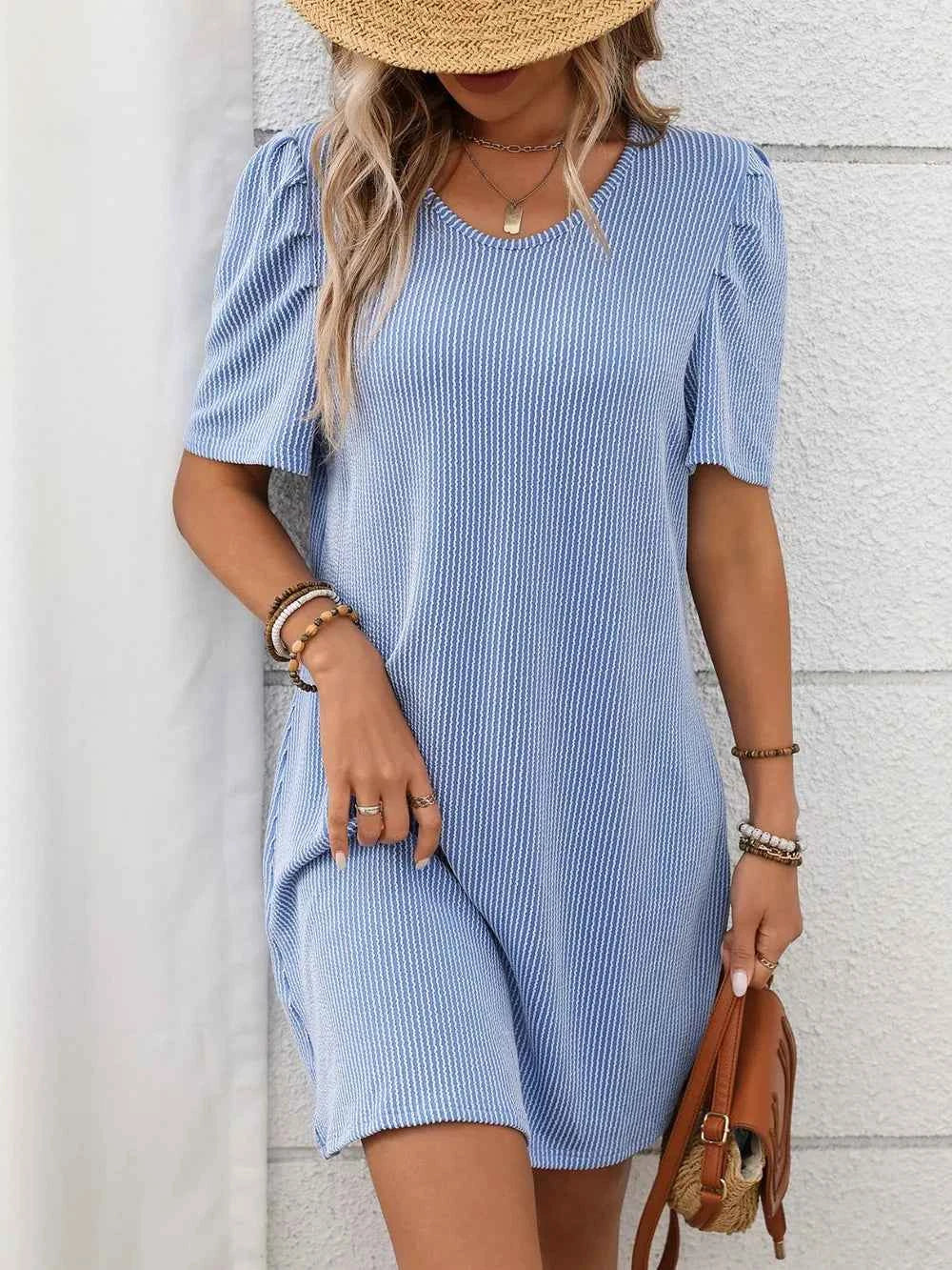 Textured Mini Dress - Round Neck Short Sleeve Design